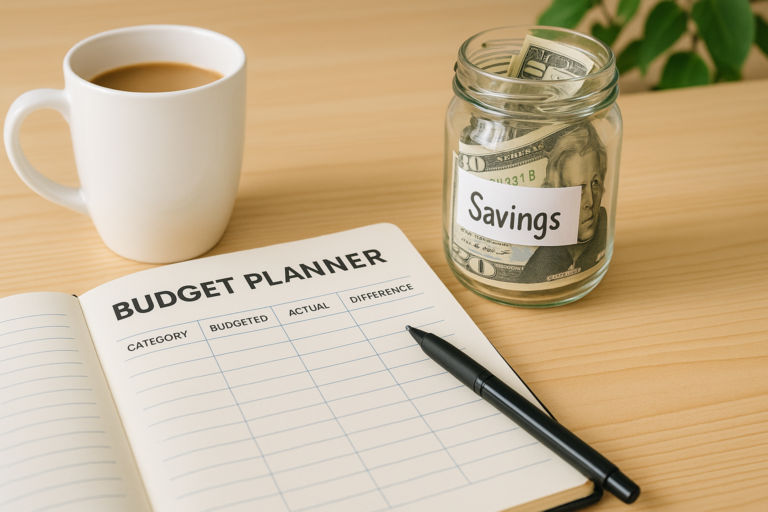 7 Powerful Budgeting Habits to Save Money Fast budgeting habits to save money with savings jar and planner