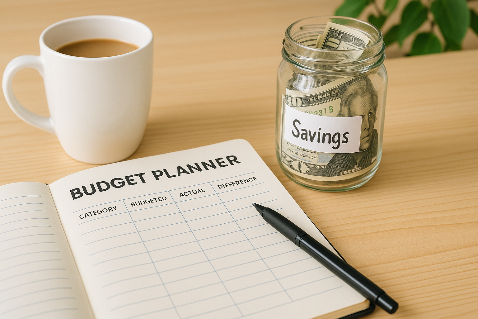 budgeting habits to save money with savings jar and planner