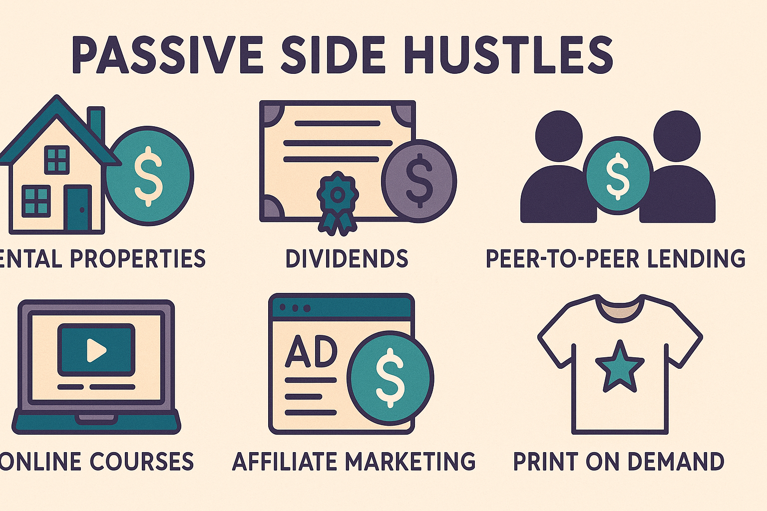 "Infographic titled 'Passive Side Hustles' showing icons for rental properties, dividends, peer-to-peer lending, online courses, affiliate marketing, and print on demand."