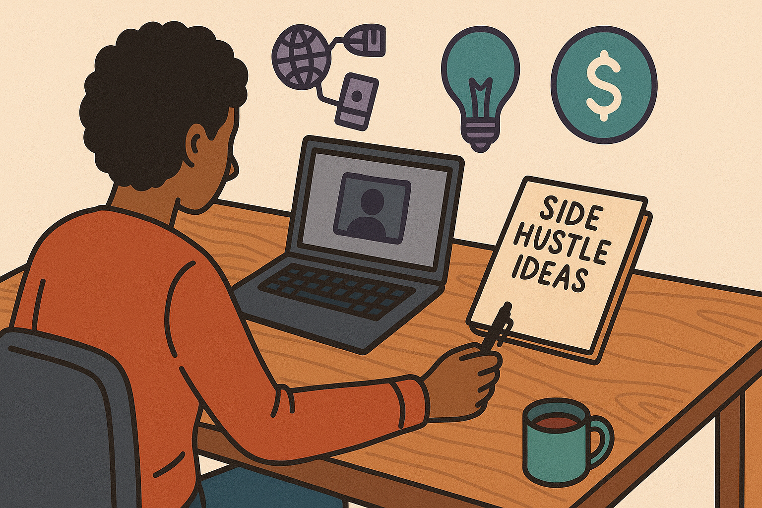 "Desk setup with laptop, coffee mug, and a notepad labeled Side Hustle Ideas, symbolizing online work opportunities and extra income."