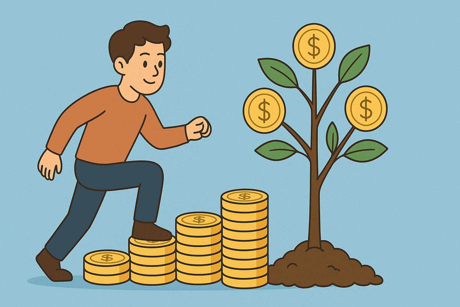 A young person confidently climbing stairs made of coins leading to a tree with money leaves.