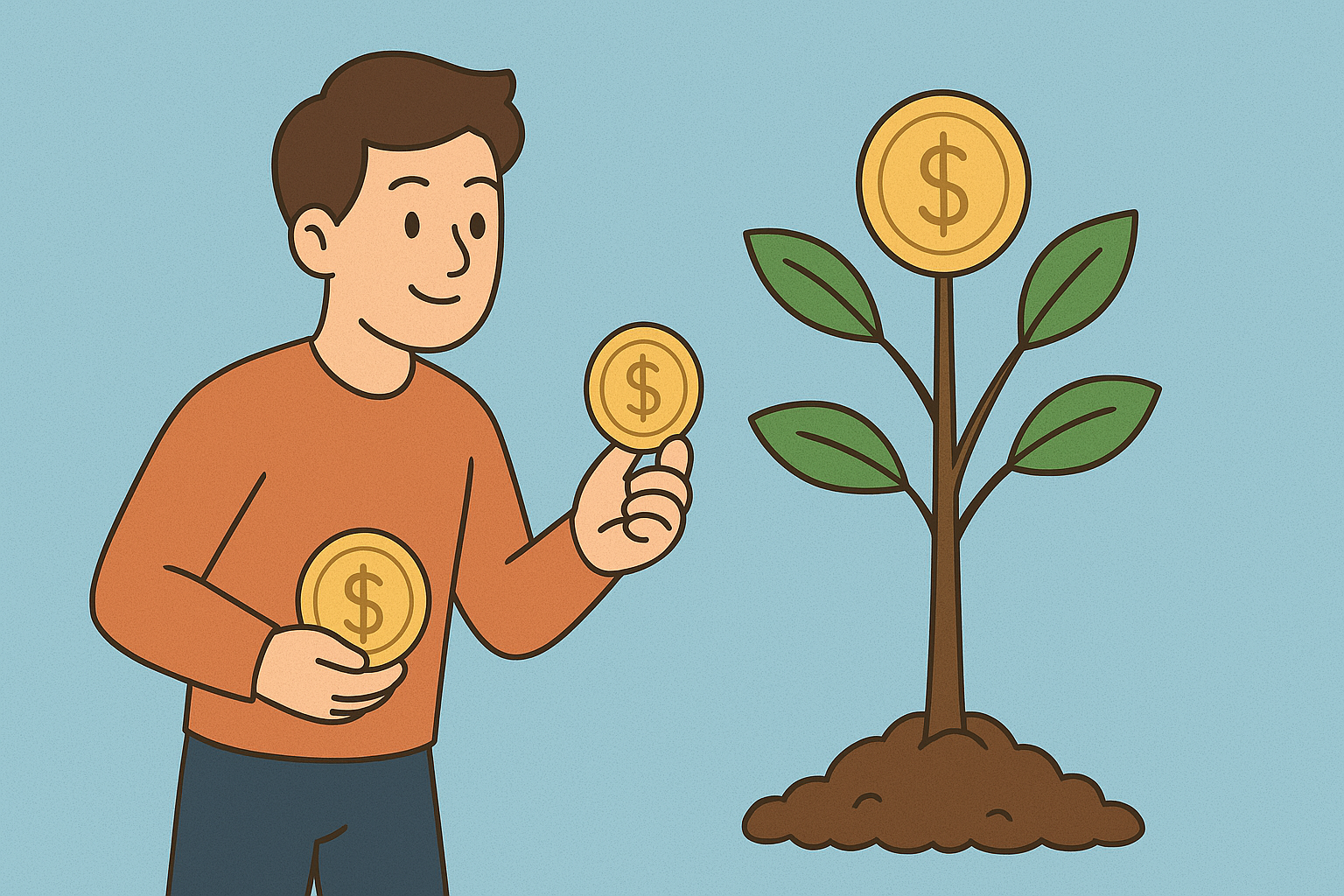 a young person holding coins and a growing money plant, symbolizing simple investment growth.