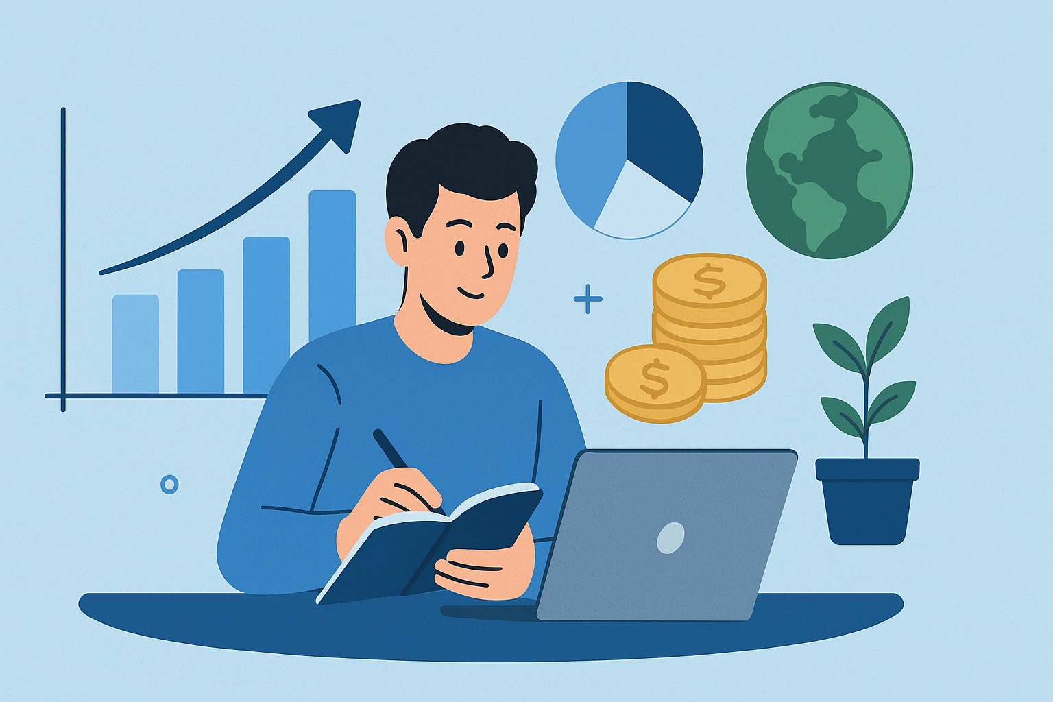 showing a young investor learning with charts, coins, and diversified assets illustration